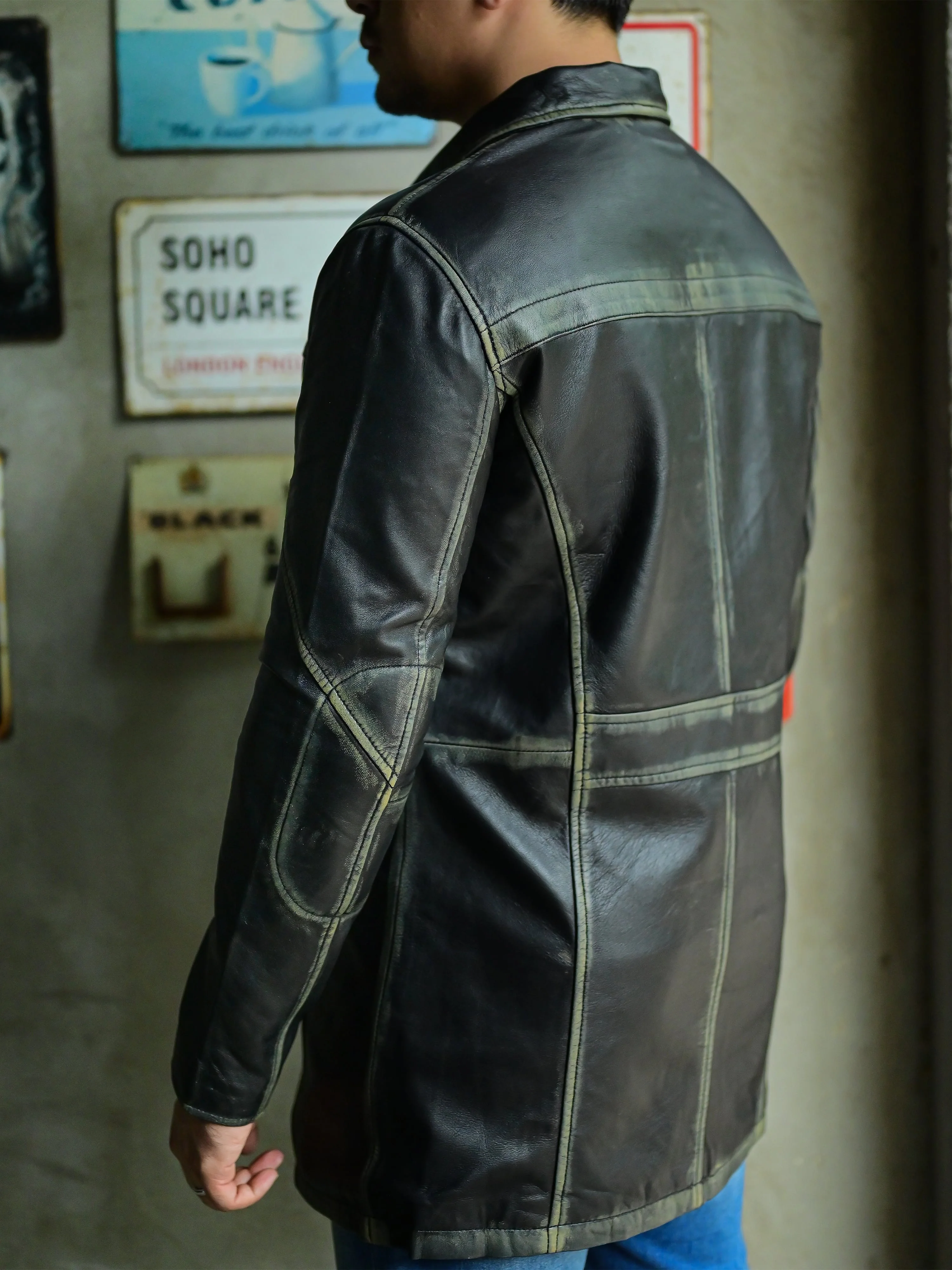 Jild 3/4 Length Distressed Trench Leather Car Coats for Men